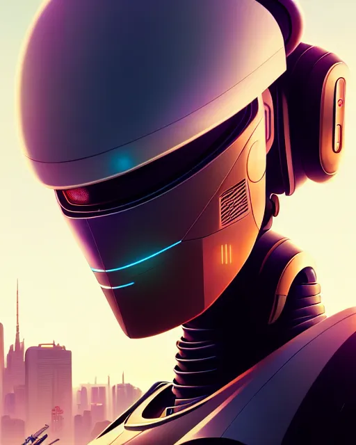 Image similar to hyper - realistic portrait of a futuristic robot, gta v cover art, celshading, sharp focus, intricate, detailed, rhads, andreas rocha, makoto shinkai, lois van baarle, ilya kuvshinov, greg rutkowski, dynamic lighting, grunge aesthetic, 4 k