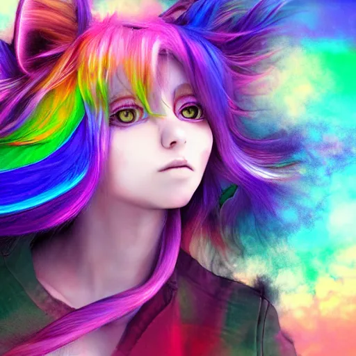 Image similar to catgirl with rainbow hair, digital art, by Yoshitaka Amano, trending on artstation, 4k, highly detailed, psychedelic