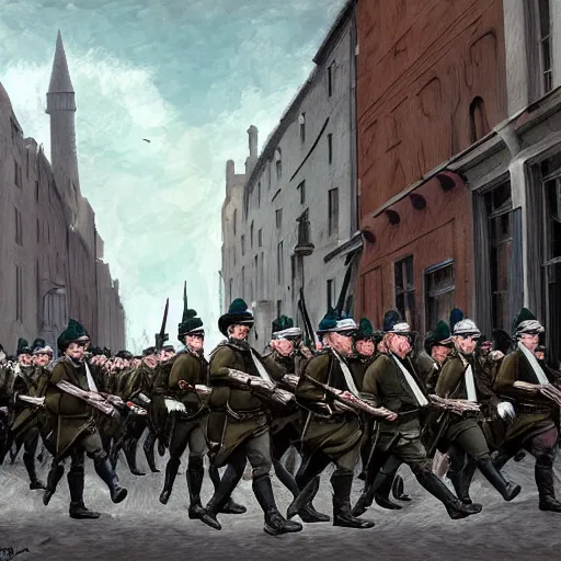 Image similar to irish rebel soldiers in 1 9 1 6 marching down a street in dublin with their rifles, highly detailed, digital painting, concept art, sharp focus, by makoto shinkai