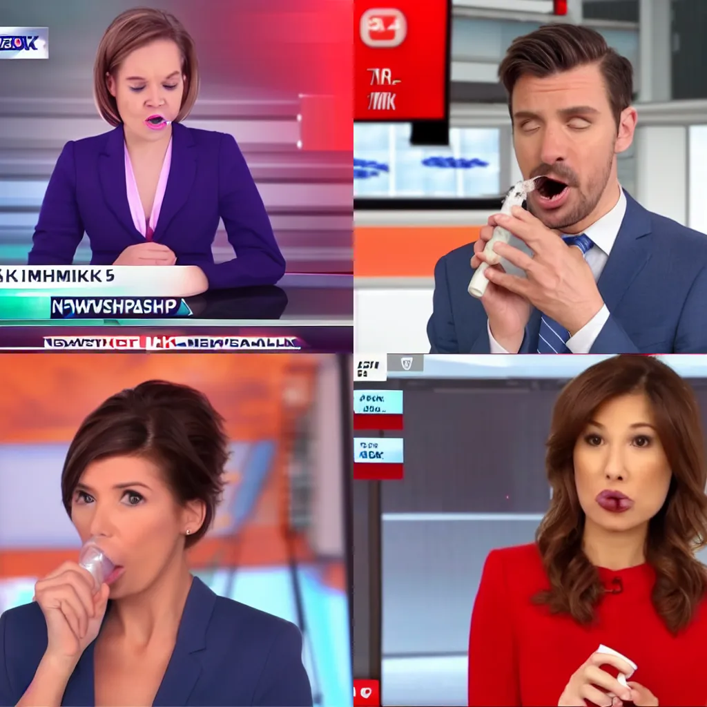 Prompt: news broadcast screenshot of a news anchor spitting milk, 4k high quality