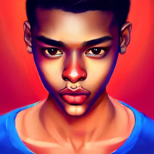 Image similar to colorful and festive captivating teenager with straight brown hair covering his eye, dark skin, big lips, wearing a red t - shirt. rich vivid colors, ambient lighting, dynamic lighting, 4 k, atmospheric lighting, painted, intricate, highly detailed by charlie bowater