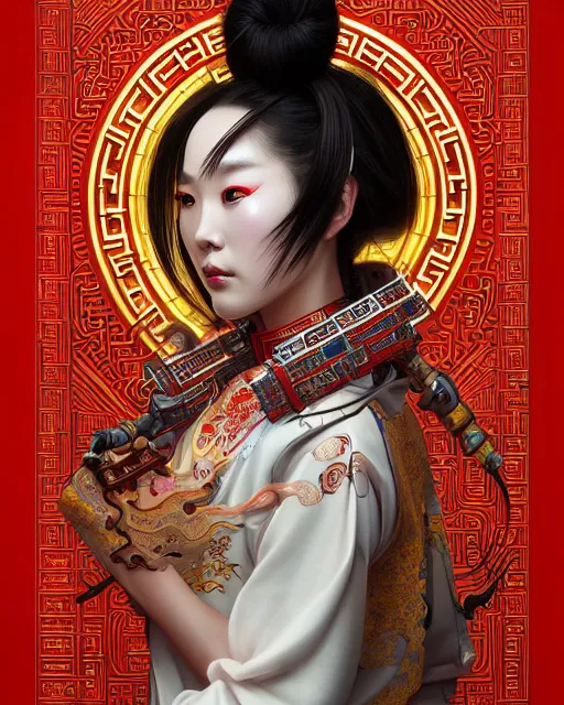 Image similar to portrait of a chinese cyberpunk machine, machine face, upper half portrait, decorated with chinese opera motifs, regal, asian, fine china, wuxia, traditional chinese art intricate intense elegant 京 剧 highly detailed digital painting artstation concept art smooth sharp focus illustration, art by artgerm and greg rutkowski alphonse mucha 8 k