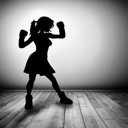 Image similar to boxer girl fighting her shadow in a creepy room, dark ominous