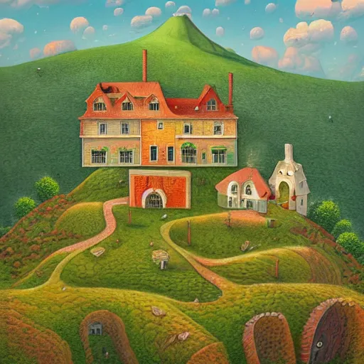 Image similar to a painting of a house on a hill, a detailed matte painting by Jacek Yerka, cg society contest winner, naive art, storybook illustration, 2d game art, matte background