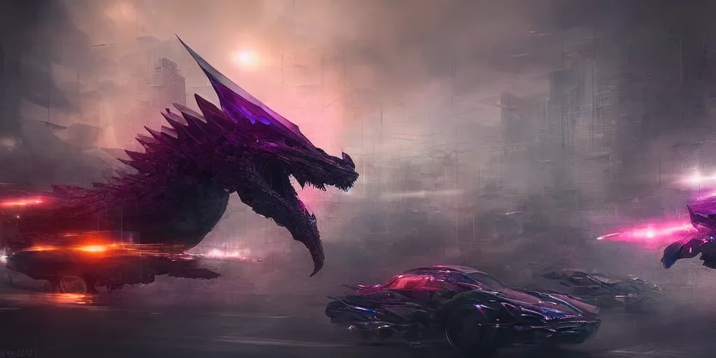 Image similar to muted colorful smoke made into crystal clear misty shapes of racing dragons, fast energy, tense, futuristic city backdrop, cgsociety, HDR