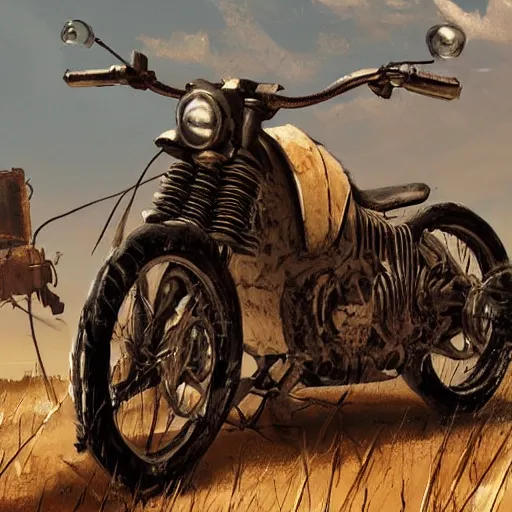 Prompt: Rustic homemade motorcycle, styleframe, concept art, artstation, madmax, brush texture, painted with oil