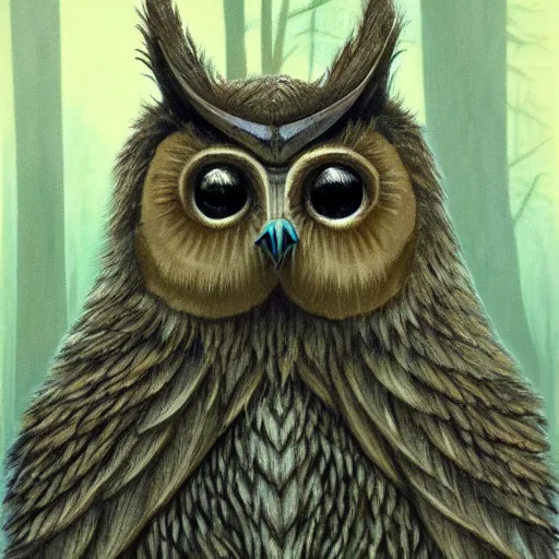 Image similar to three quarter portrait of an owlbear in the forest, d & d, fantasy, hr giger,