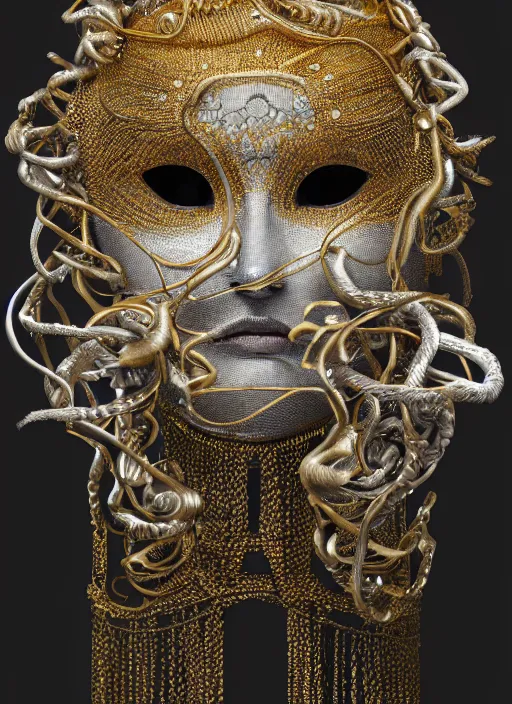 Image similar to hyperrealism, detailed textures, award winning photo, symetrical japanese medusa queen autochrome portrait, silverplate, intricate, detailed facial animal mask, golden jewelery, silverplate, ultra realistic, cinematic, intricate, cinematic light by steve mccurry, unreal engine 8 k