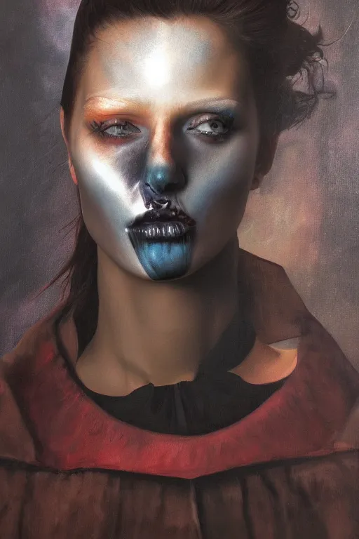 Image similar to hyperrealism oil painting, close - up portrait of european medieval brunette vampire fashion model, knight, steel gradient mixed with nebula sky, in style of baroque