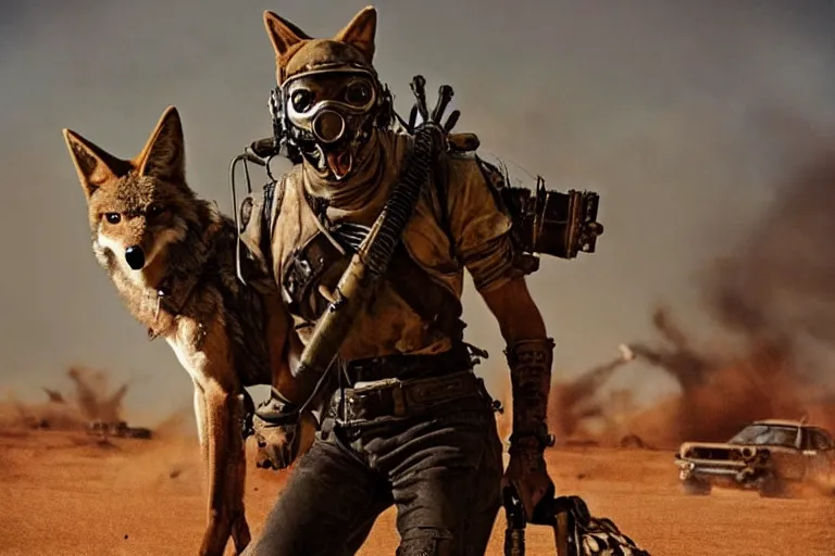 Image similar to a good ol'coyote fursona ( from the furry fandom ), heavily armed and armored facing down armageddon in a dark and gritty version from the makers of mad max : fury road. witness me.