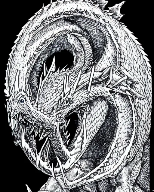 Prompt: blue eyes white dragon as a d & d monster, pen - and - ink illustration, etching, by russ nicholson, david a trampier, larry elmore, 1 9 8 1, hq scan, intricate details, high contrast