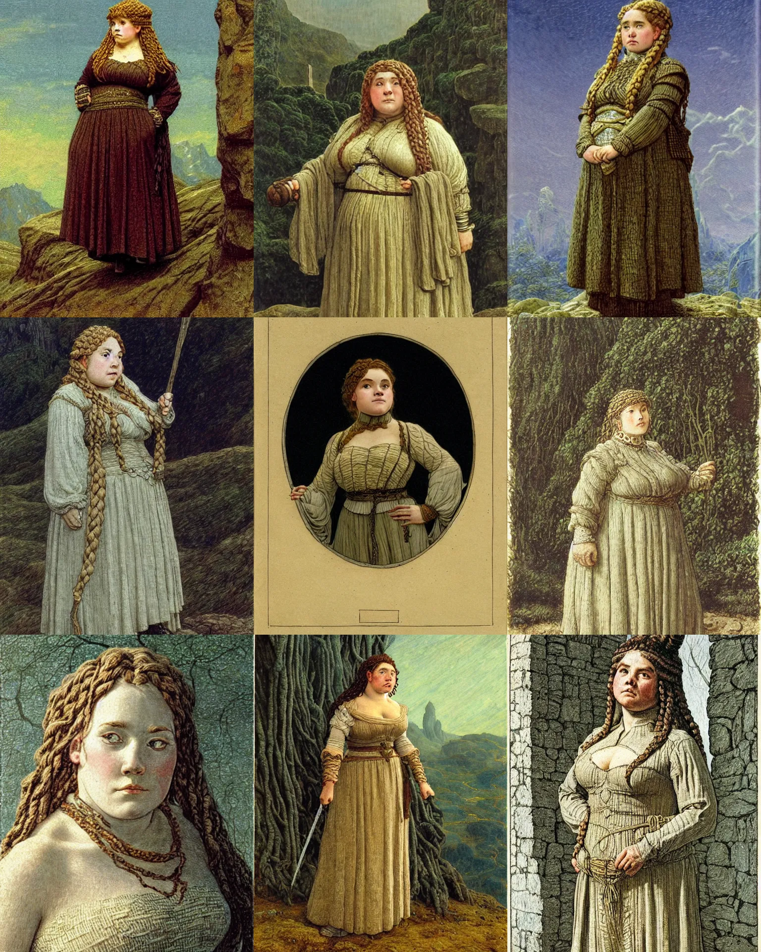 Prompt: female dwarven noblewoman, chubby short stature, braided intricate hair, by caspar david friedrich
