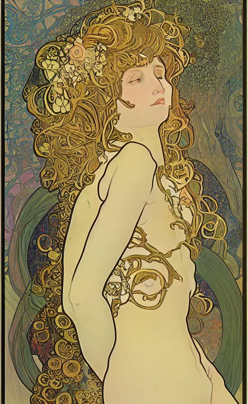 Image similar to a combination of the art styles of Alphonse Mucha and Gustav Klimt, faded colors