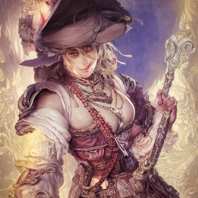 Image similar to the portrait of neutral good colorful female cleric bard as absurdly beautiful, gorgeous, elegant, young gravure idol, an ultrafine hyperdetailed illustration by kim jung gi, irakli nadar, intricate linework, sharp focus, bright colors, octopath traveler, final fantasy, unreal engine 5 highly rendered, global illumination, radiant light, detailed and intricate environment