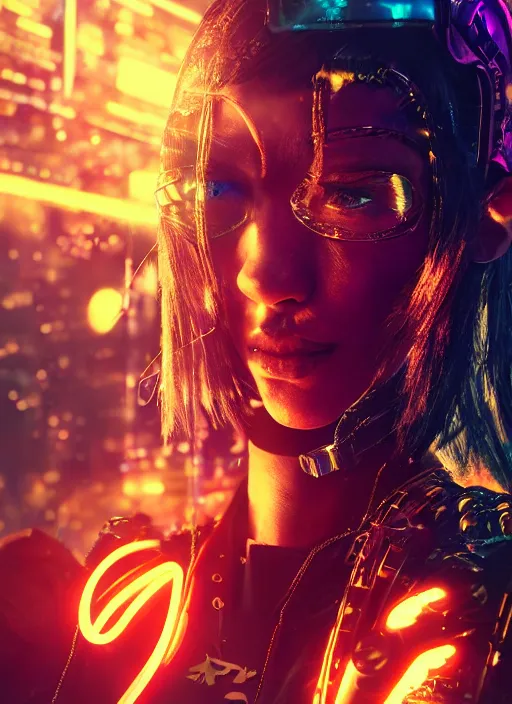 Image similar to Cyberpunk warrior with flaming hair, light atmosphere, neon, cinematic shot, intricate, ornate, photorealistic, ultra detailed, realistic, 100mm, photography, octane, high definition, depth of field, bokeh, 8k, artstation