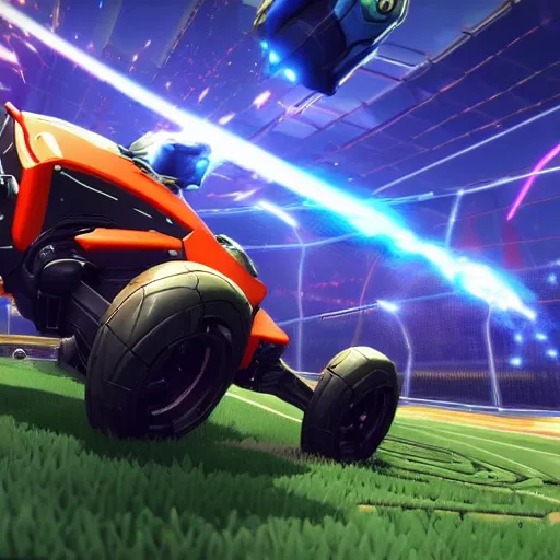 Image similar to a warframe in rocket league, teaser trailer footage, 8 k