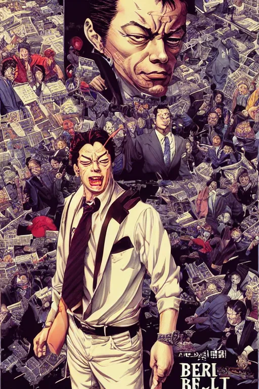 Image similar to poster of jordan belfort, by yoichi hatakenaka, masamune shirow, josan gonzales and dan mumford, ayami kojima, takato yamamoto, barclay shaw, karol bak, yukito kishiro