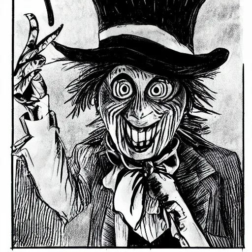 Image similar to a Pop Wonder scary horror themed goofy-hilarious-character Babadook-scarecrow-madhatter-williewonka-wearing a scarf, 3-piece-suit, dime-store-comic drawn with charcoal and pen and ink, half-tone-line-stacking