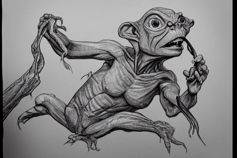 Prompt: “ a extremely detailed stunning drawings of gollum dancing with fish in mouth by allen william on artstation ”