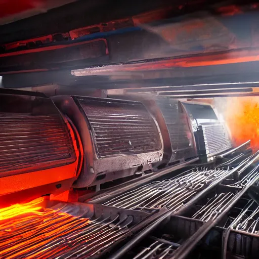 Image similar to rows of toaster oven mecha heads on conveyor belt, dark messy smoke - filled cluttered workshop, dark, dramatic lighting, orange tint, sparks, cinematic, highly detailed, sci - fi, futuristic, movie still