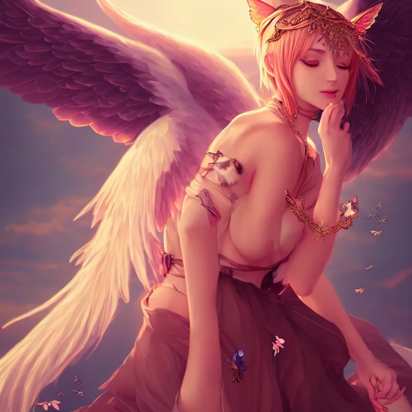 Prompt: Portrait of a beautiful elegant woman colors, angelic wings on her back, cat ears, luxurious necklass, sunset warm spring, centered subject, wide full-body shot, fantasy, anime, vibrant, intricate details, trending on ArtStation, Deviantart, by WLOP
