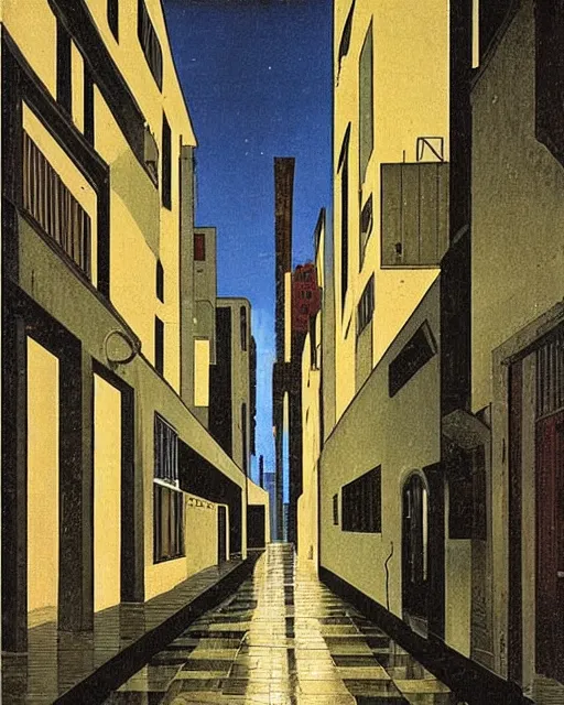 Image similar to empty street on a melancholy rainy night of cyberpunk city de chirico