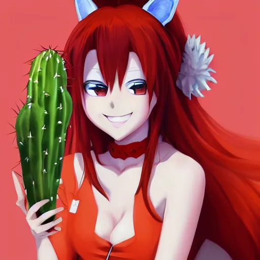 Prompt: A red-haired anime girl with fox ears and an evil grin in an orange jumpsuit holds a cactus artwork of a single character, highly detailed, digital painting, artstation, smooth, sharp focus, illustration, art by artgerm