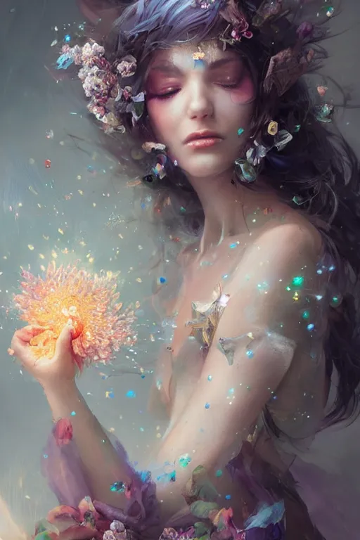 Prompt: face closeup beautiful girl witch covered with crystals exploding into another dimension, 3 d render, hyper realistic detailed portrait, holding magic flowers, ruan jia, wlop. scifi, fantasy, hyper detailed, octane render, concept art, peter mohrbacher