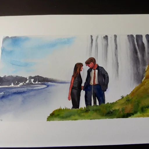 Prompt: a realistic watercolor painting of a couple in love by Skógafoss