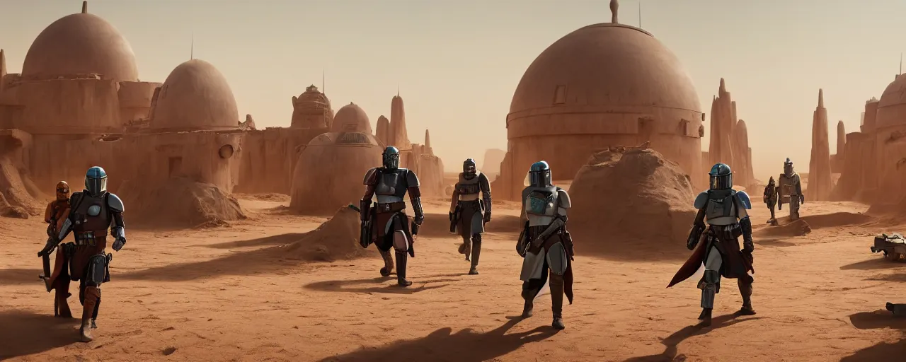 Prompt: the mandalorian walking in the village of tatooine, 8 k uhd, unreal engine, octane render in the artstyle of finnian macmanus, john park and greg rutkowski