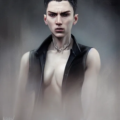 Image similar to a beautiful 3D model of kaz brekker from shadow and bone tv series, oil painting, Greg Rutkowski, Charlie Bowater, Yuumei, Yanjun Cheng, unreal 5, DAZ, hyper-realistic, octane render, RPG portrait, dynamic lighting, fantasy art, beautiful face