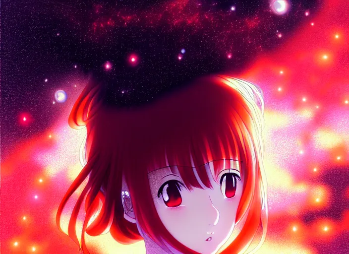 Image similar to anime portrait of a young girl floating inside a nebula, outlined,masakazu katsura, tsuruta kenji, murata range,kawaii, kyoto animation, manga, intricate, detailed, studio lighting, orange red black white, gradation,editorial illustration, matte print, Ilya Kuvshinov