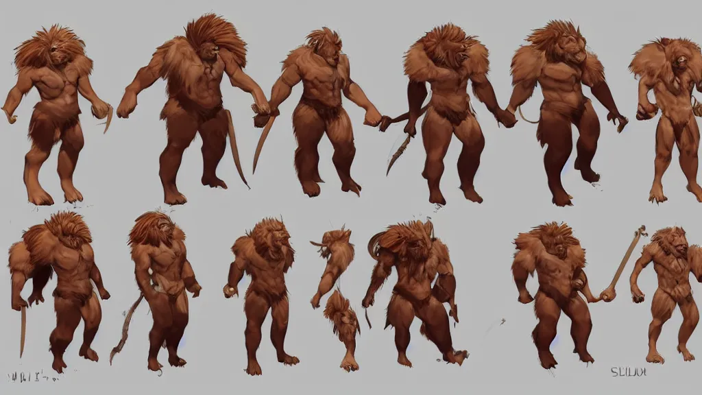 Prompt: lionman barbarian character design sheet, trending on artstation