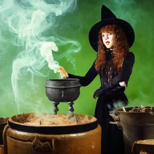 Image similar to teen witch mixing a spell in a cauldron, wispy smoke, studio photography, a black cat, green glowing smoke is coming out of the cauldron, ingredients on the table, apothecary shelves in the background, still from the tv show