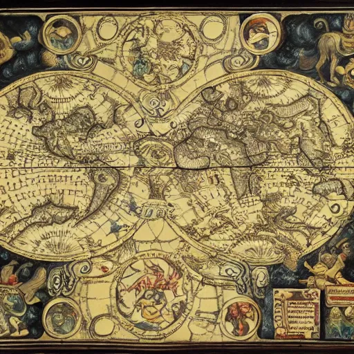 Prompt: Mythological Map, ornate, decorated highly detailed parchment, meticulous map of mythological creatures, volumetric lighting 4k