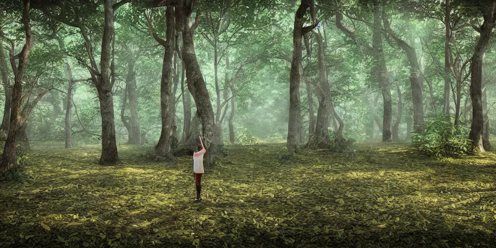 Prompt: An introvert numbed in the forest, wide shot, HD, highly detailed, Blender Render