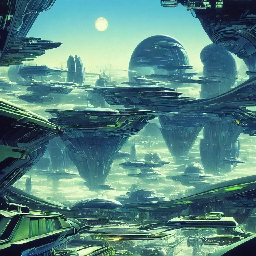 Image similar to beautiful matte painting album cover art of green gardens with roads on a futuristic sci-fi space station, cinematic angle, cinematic lighting, blue sky, by Syd Mead, John Harris, Federico Pelat