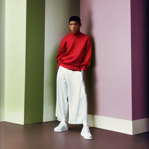 Image similar to realistic photoshoot for a new balenciaga lookbook, color film photography, portrait of a beautiful person, in style of Campbell Addy, Tyler Mitchell, 35mm