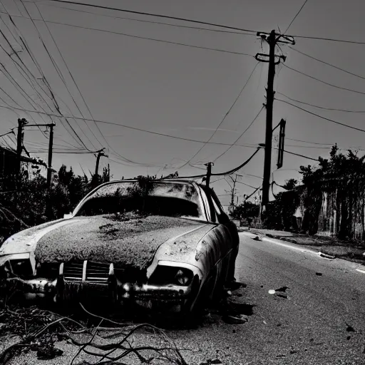 Prompt: an abandoned car in the middle of the street, dark smoke in the background, filthy streets, broken cars. Vines growing. Jpeg artifacts. Trending on flickr. Full-color photo. Samyang/Rokinon Xeen 50mm T1.5