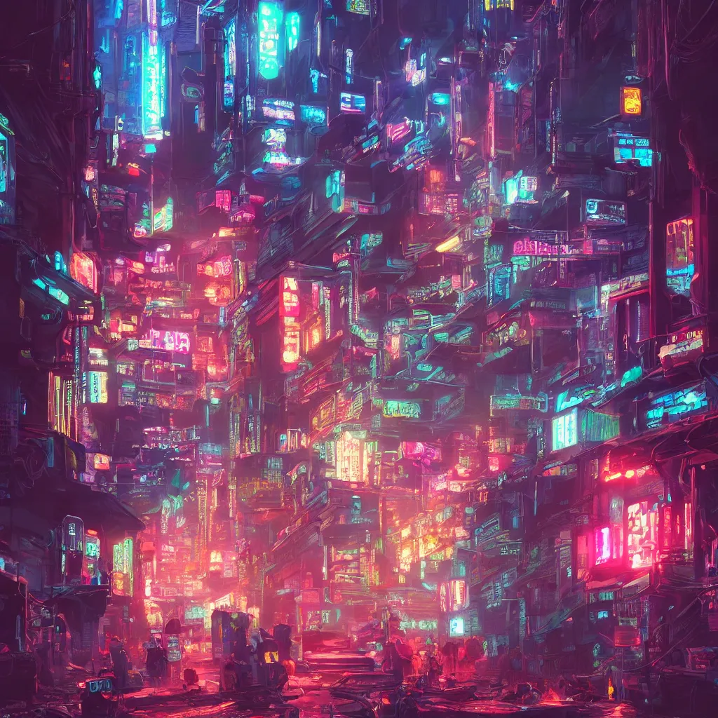 Prompt: a beautiful painting of a neon cyberpunk village by Tokio Aoyama, Mario Martinez, David Normal. photorealistic, trending on artstation, dramatic lighting, 8K, fantasy beautiful, surreal, cinematic