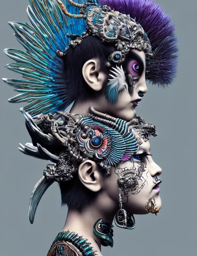 Image similar to 3 d goddess close - up profile portrait punk with mohawk with ram skull. beautiful intricately detailed japanese crow kitsune mask and clasical japanese kimono. betta fish, jellyfish phoenix, bio luminescent, plasma, ice, water, wind, creature, artwork by tooth wu and wlop and beeple and greg rutkowski