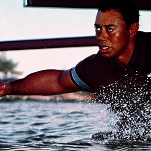 Image similar to a close up cinematic film still of tiger woods in the jaws