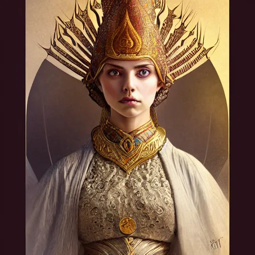 Image similar to bilie eilish portrait of ottoman sultan gog, female, clear face, symetrical, masculine, full body, 4 k, fantasy, intricate, elegant, highly detailed, digital painting, artstation, concept art, matte, sharp focus, illustration, art by artgerm and greg rutkowski and alphonse mucha