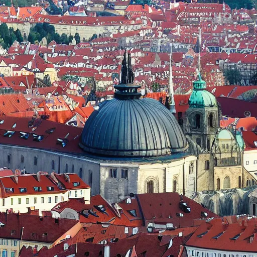 Prompt: Death Star from Star Wars orbiting above Prague Castle