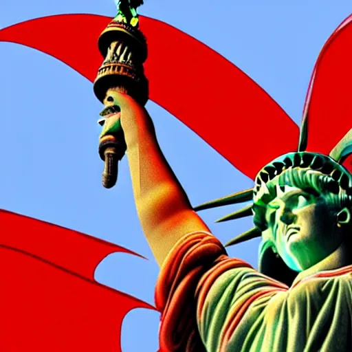 Image similar to Lady Liberty riding the red dragon of 龙