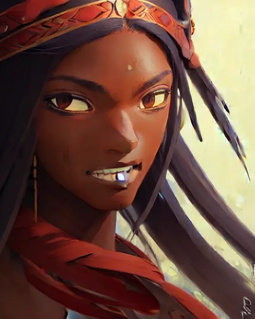 Image similar to azctec warrior, ( coco jones ), detailed perfect face, exquisite details, fire magic, mid view, design on a white background, by studio muti, greg rutkowski makoto shinkai takashi takeuchi studio ghibli