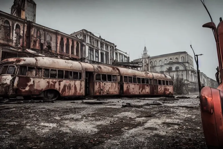 Image similar to low wide angle shot of dilapidated fallout 5 europa, european cityscapes, desolate, dilapidated neon signs, few rusted retro futuristic vintage parked vehicles like cars, buses, trucks, trams, volumetric lighting, photorealistic, fog, daytime, autumn, overcast weather, sharp focus, ultra detailed, 4 0 0 0 k