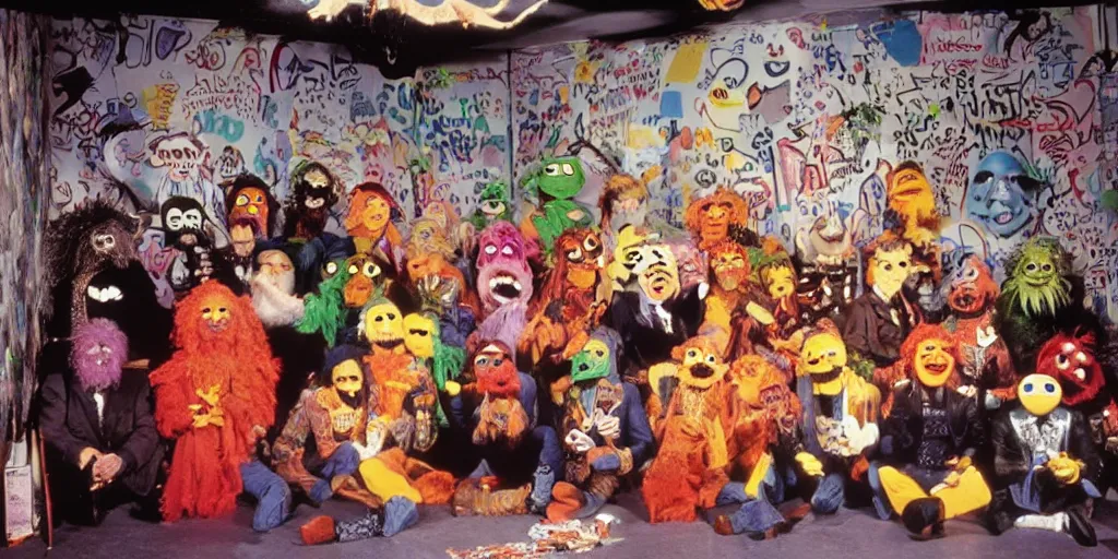 Image similar to jim henson muppet band wearing Halloween masks, 1980s surrealism aesthetic, detailed facial expressions, graffiti on the walls and ceiling