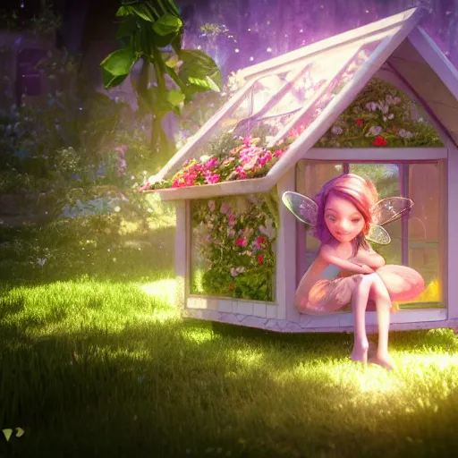 Prompt: a tiny cute fairy in a flower house, beautiful face, large eyes, cute, adorable, volumetric light, octane render, trending on artstation