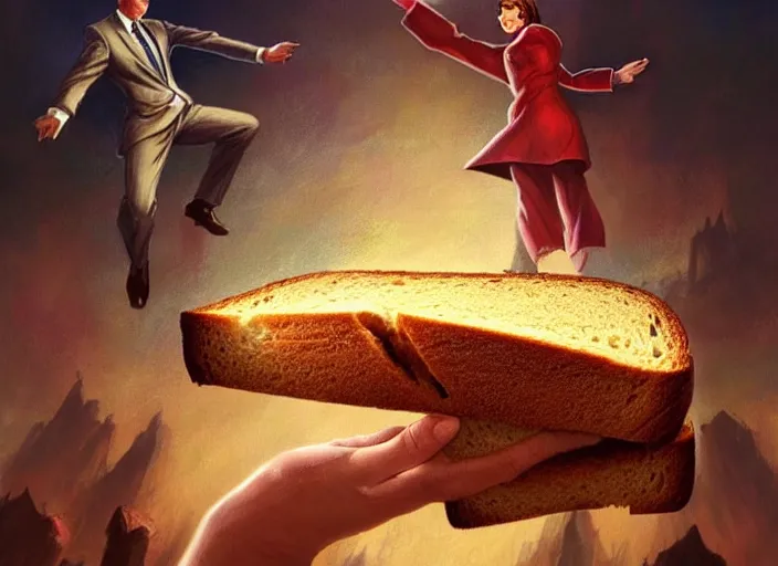 Prompt: a single giant magical piece of toast with a stern facial expression wearing a business suit and floating in the air, a crowd of breadloaves bowing down below, by marco bucci and frank frazetta, magic : the gathering fantasy concept art, high resolution, fantasy coloring, intricate, digital painting, artstation, smooth, sharp focus